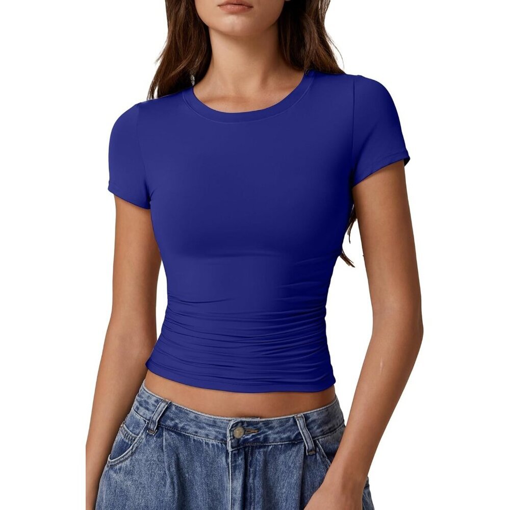 Women's Crop Tops Royal Blue Short Sleeve Classic Round Neck Side Ruched Pleated